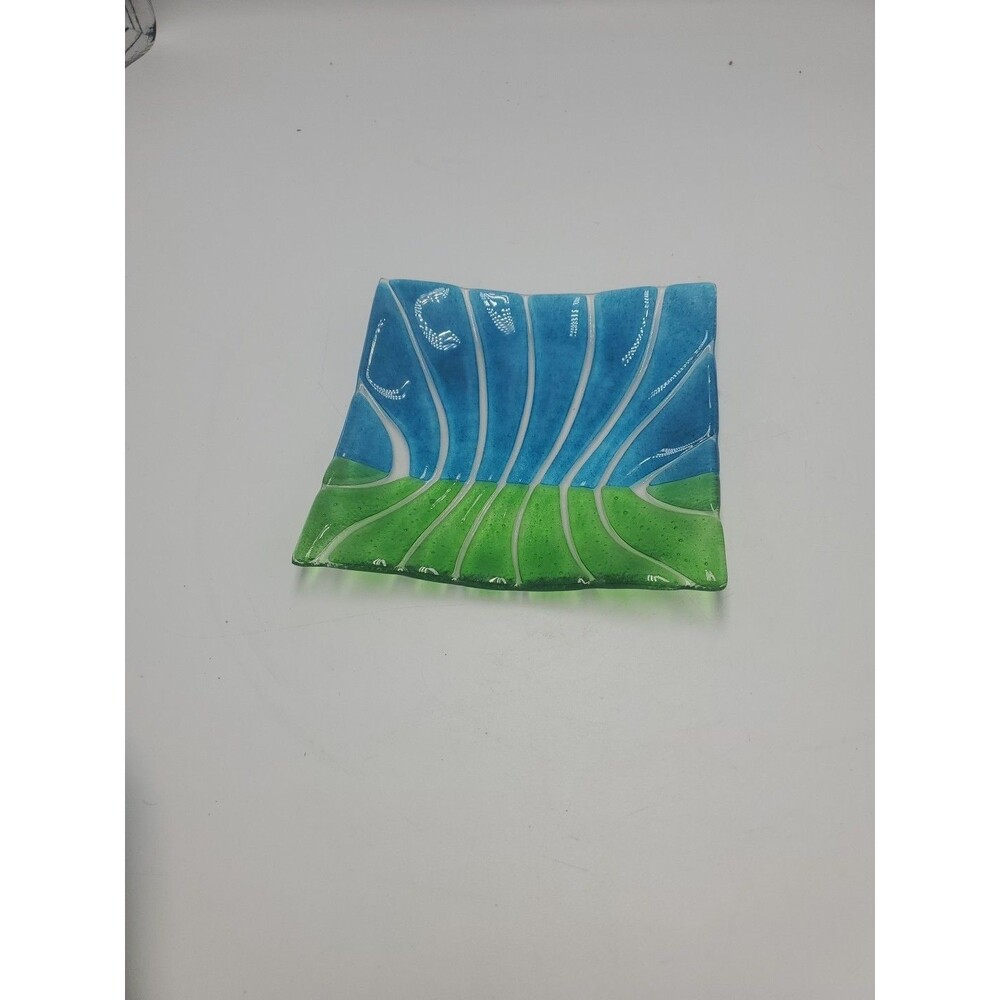Blue Green Striped Fused Art Glass Dish Catchall Candle Plate Curved Square MCM